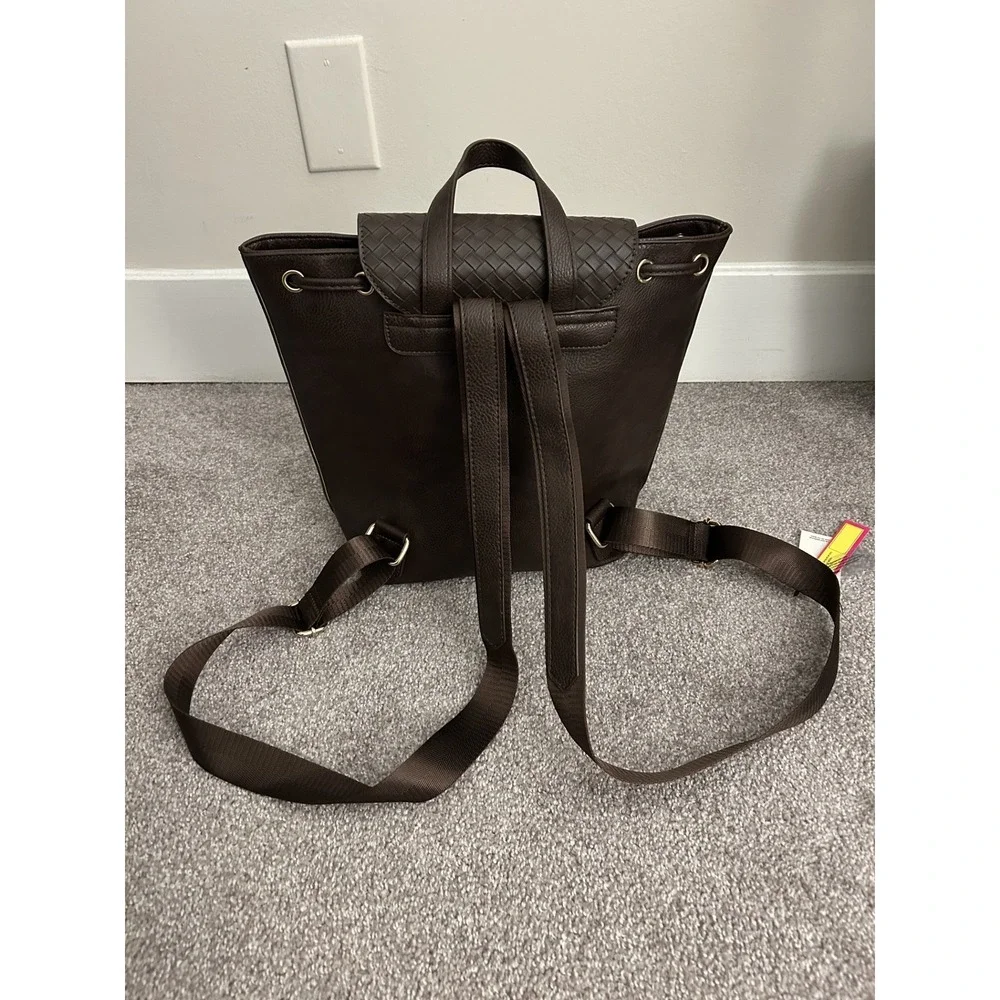 Catherine Malandrino Backpack Womens OS Brown New Woven Faux Leather Drawstring